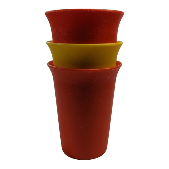 Trio of Vintage Flared Edge Tupperware Plastic Cups 2-Orange/1 Yellow - Picture 2 of 5